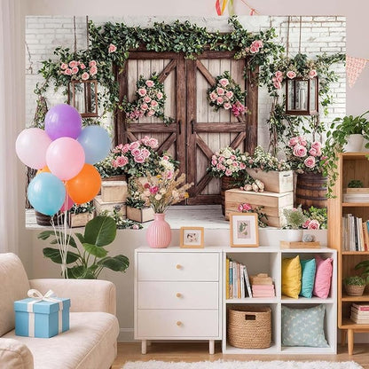 7x5ft Country Wedding Photography Backdrop Floral Rustic Roses Farmhouse Wooden Door Backdrop Pink Flower Birthday Baby Shower Wedding Bridal Party Banner Photo Booth Props Anniversary Background