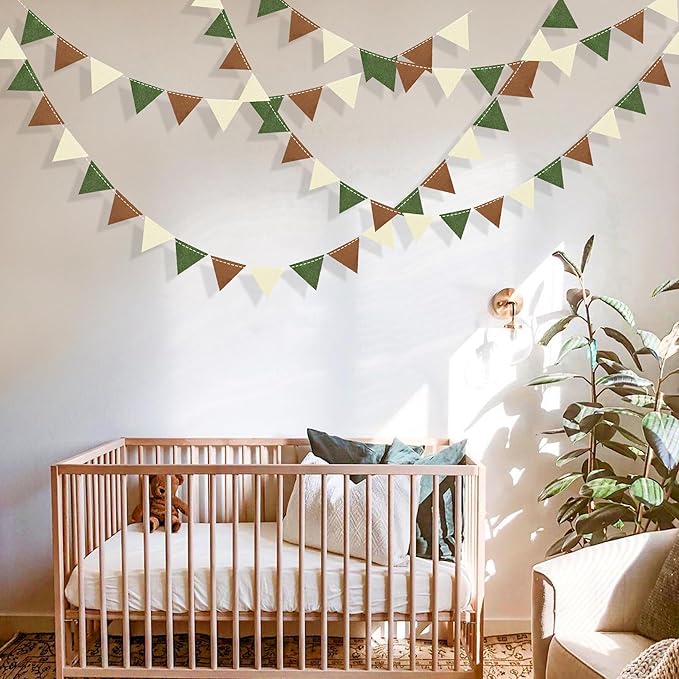 Jungle Party Decoration Sage Green Brown Beige Felt Hanging Triangle Mini Bunting Pennant Banner Flag for Safari Woodland Wild One Two Wild Birthday Wedding Neutral Baby Shower Classroom Nursery Decor