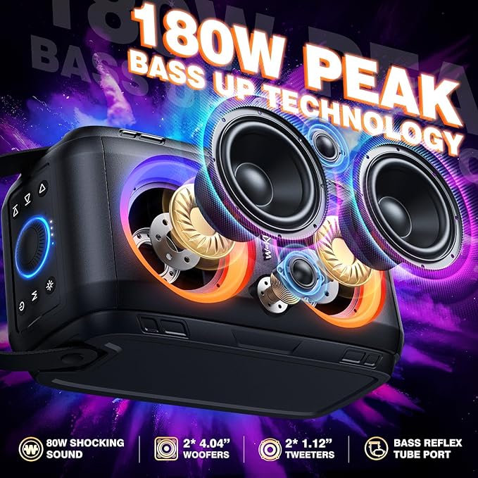 W-KING Party Loudest Portable Bluetooth Speaker Wireless Boom Box, 180W Max Big Large Outdoor Speaker 4 Drivers with 2*4.04'' Subwoofer, 80W HD Huge 105dB Pulse Natur Deep Bass, IPX5/24H/EQ/USB/TF/AUX