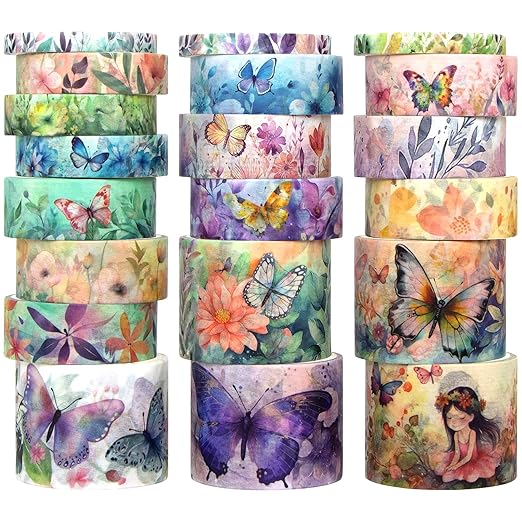 20 Rolls Washi Tape Set - Floral Butterfly Decorative Masking Tape, Adhesive Tape for Bullet Journal Supplies, Junk Journal, Diy Craft, Scrapbooking Supplies, Gift Wrapping, Party Decoration