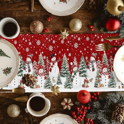 Christmas Snowman Cotton Linen Table Runner for Dining Kitchen, Xmas Tree White Snowflakes Winter Wedding Outdoor Party Tablerunners Decoration, Dresser Scarf Coffee Tablecloth Runners 13x70 Inches
