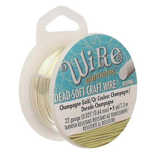The Beadsmith Wire Elements Craft Wire – Tarnish Resistant, Soft Temper, Round, Champagne Gold Color – 0.64mm, 22 Gauge, 8 Yard Spool – Jewelry Making, Wire Wrapping, Floral, & Other DIY Crafts