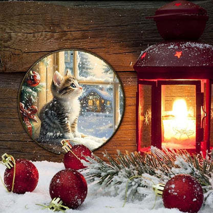 Round Christmas Sign Cats Vintage Metal Sign Christmas Kitten Retro Tin Sign Wall Decor for Home Office Bar Club Man Cave 8 * 8 in