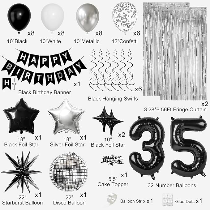 35th Birthday Decorations for Men Women, Black Silver Happy Birthday Party Decorations， 35 Year Old Party Supplies with Number 35 Balloons, Banner, Fringe Curtains Kit