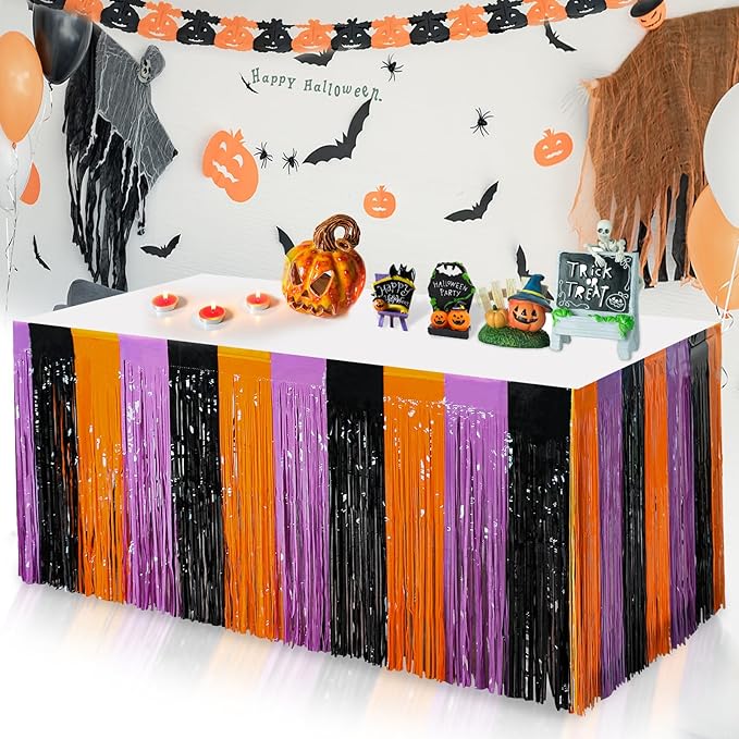 6 Pack 30x108 Inch Halloween Table Skirt Decoration, Metallic Foil Fringe Tinsel Table Skirts, Curtains Backdrop Parade Floats Birthday Halloween Christmas Party Decoration(Black Orange Purple)