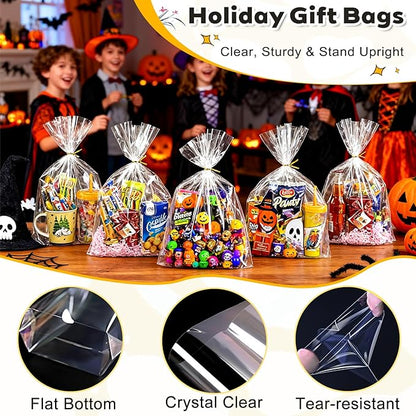 PigPotParty 10"x 14", 50Pcs Bottom Gusset Bags, Clear Plastic Gift Cellophane Mug Treat Goodie Bags with 50x Twist Ties, Large Party Favor Packaging, Toy Wrapping (No Side Gusset)