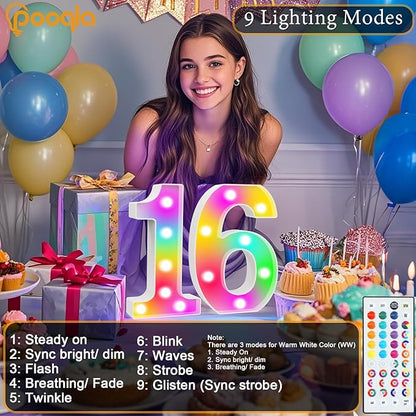Pooqla Colorful Lighted Numbers with Remote, 35 Colors Light Up Numbers for Party, RGB LED Marquee Number Lights Gift for 9th Birthday Decorations, Wedding, Bar, Night Light, Home Decor, Number 9
