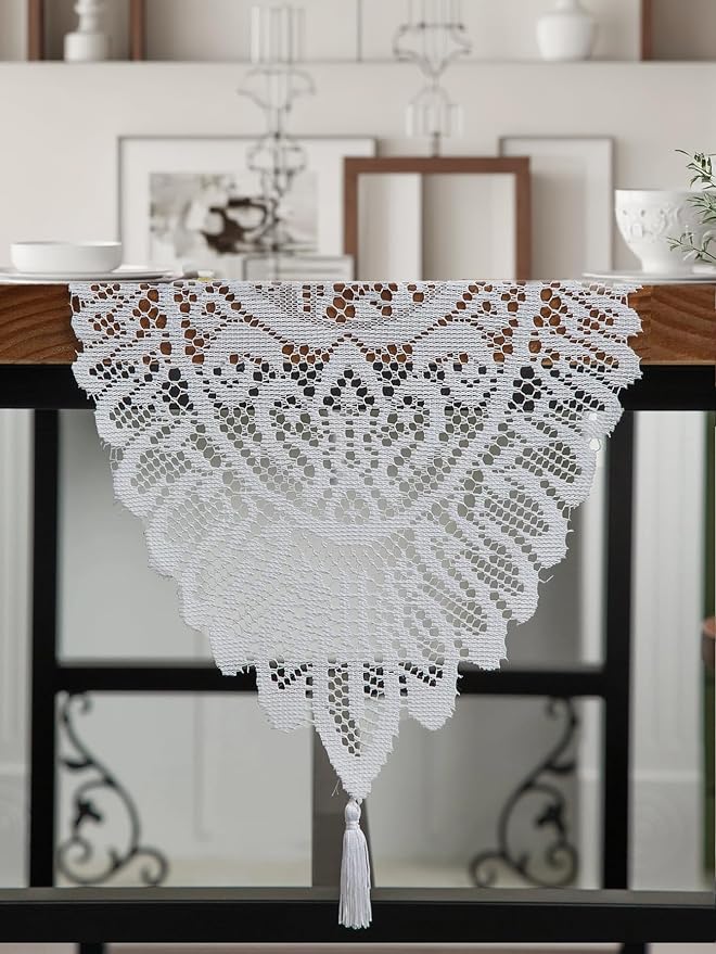 Jayla White Lace Table Runners, Elegant Vintage Lace Table Runner, Wedding Lace Decor with Floral Embroidery,Tea Party Decor, 13x45 Inch