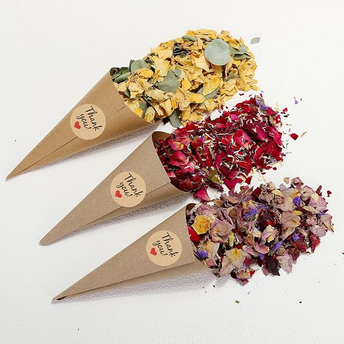 PATIKIL Dried Flower Confetti Cones, 30Pcs Paper Tapers Cone Holder with Dried Rose Petals / Sticker for Wedding Party Engagement Birthday DIY Decoration, Yellow/Green