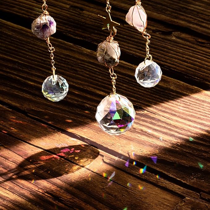 TUOKING Amethyst Crystal Moon Suncatchers for Window Hanging Tree of Life Natural Healing Stones Wind Chimes Sun Catcher Rainbow Maker Good Luck Gifts Decor for Home Garden