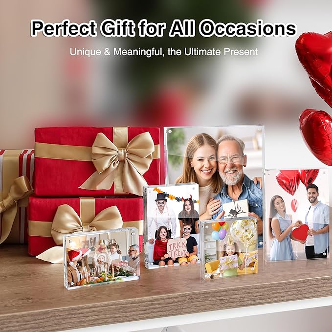 HOUSE DAY Acrylic Picture Frames 4x4, 3 Pack Magnetic 4 x 4 Picture Frame, Double Sided Clear 4x 4 Photo Frame with Microfiber Cloth, Frameless FreeStanding 4x4 Frame Gift for Desktop Display