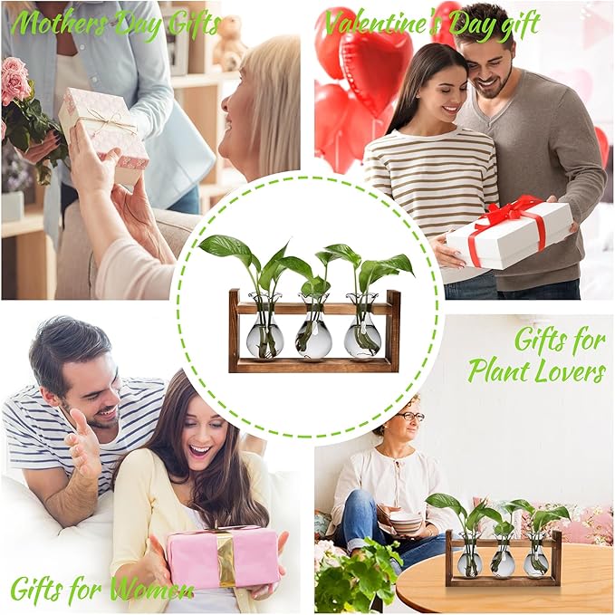 Plant Propagation Station Plant Terrarium Unique Birthday Gifts for Women Home Office Decor Planter with Wooden Stand - 3 Bulb Glass Vase
