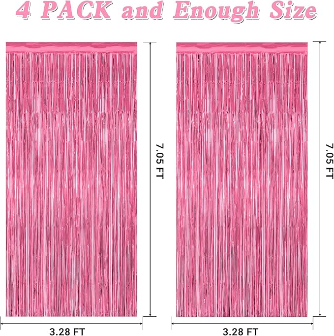 4 Pack Birthday Decorations, 3.28 FT x 7.05 FT Pink Backdrop, Metallic Happy Birthday Backdrop Fringe Curtains Party Streamer, Bachelorette Party Decorations Princes Birthday Party Decor
