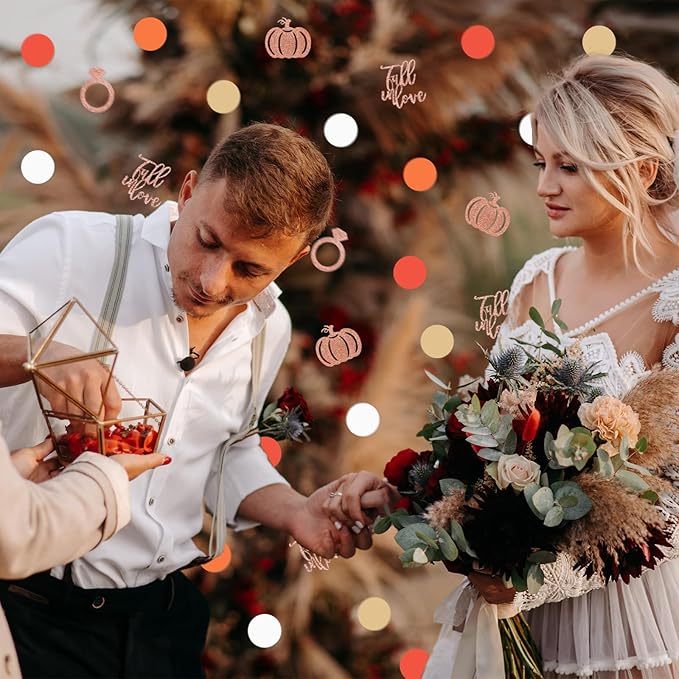 Whaline 280Pcs Fall Wedding Confetti Glitter Fall in Love Ring Pumpkin Paper Confetti Pink Orange Table Decorations for Autumn Wedding Baby Shower Birthday Party
