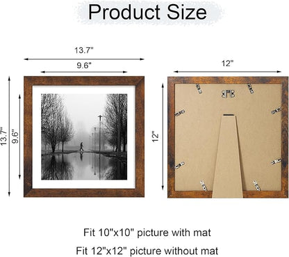 12x12 Picture Frame Set of 4 with Tempered Glass, Rustic Frame Display 10x10 Pictures with Mat or 12 x 12 Without Mat, Wood Square Photo Frames for Desktop Display and Wall Mounting