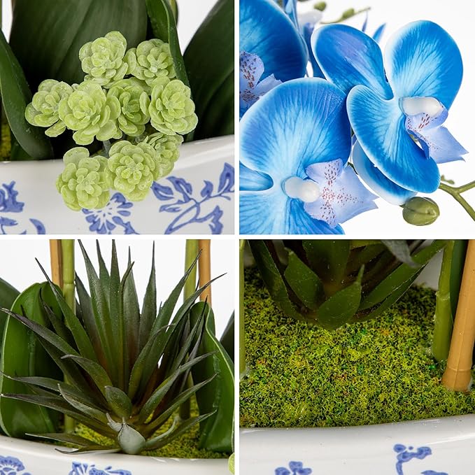 Briful Blue Orchid Fake Flowers 17in Artificial Orchid Silk Flowers in Blue and White Vase Faux Orchid Arrangement for Home Office Bathroom Table Shelf Modern Decoration