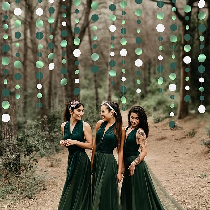 46 Ft Sage Green Party Decorations Metallic Sage Green White Polka Dots Garlands Hanging Paper Circle Dots Streamer for Birthday Baby Shower Engagement Graduation Wedding Party Decorations Supplies
