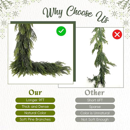 N&T NIETING 2 PCS Christmas Garland Norfolk Pine Garland Real Touch Faux Christmas Greenery Xmas Garland for Mantle, Table Holiday Winter Indoor Outdoor Christmas Decorations (9 FT)