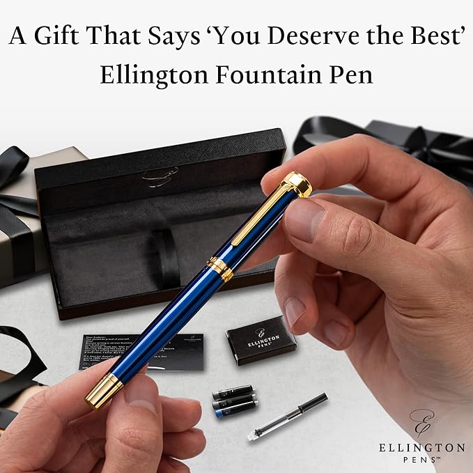 Ellington Pens Luxury Fountain Pen Set- Fountain Pens for Writing - Smooth Extra Fine Nib - Includes Refillable Ink Converter, 3 Ink Cartridges [Black & Blue], Gift Box - Elegant Calligraphy