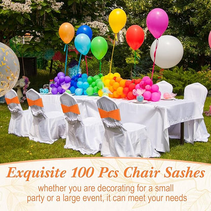 Moukeren 100 Pcs Spandex Chair Sashes Bows Bands Slider Sashes for Chair Covers Elastic Bands Ties Ribbon Decorations for Wedding Party Events Ceremony Birthday Banquet(Orange)