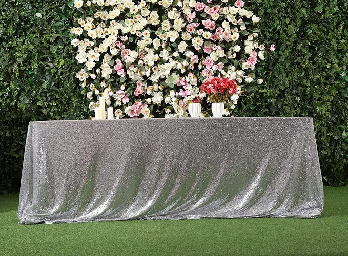 SquarePie Sequin Tablecloth 90 x 132 Inch Silver Sparkly Table Linen for Wedding Party
