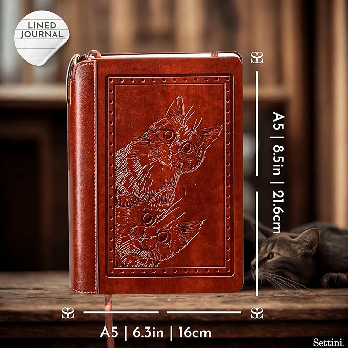 SETTINI® Lined Journal - Cat Journal for Writing Gift Set - Hardcover Vegan Leather, Includes Luxury Pen in a Unique Pen Holder, 192 Pages, 6 x 8.5 inches, Birthday Gift