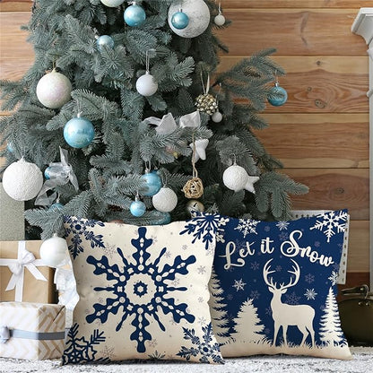 Christmas Pillow Covers 18x18 Blue Christmas Decorations Snowflake Reindeer Throw Pillow Covers Xmas Tree Winter Holiday Decor Cushion Case for Sofa Couch Set of 4