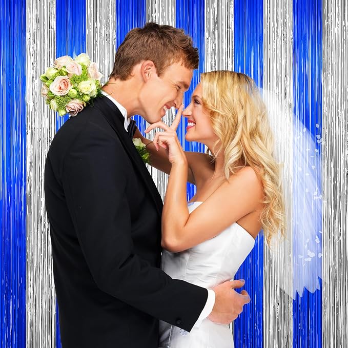 Silver and Blue Tinsel Backdrop Foil Fringe Curtains, 2Pack Birthday Door Decorations Photo Backdrop, Party Streamers Supplies for Bachelorette, Graduation, Christmas, Disco Decor New Year Decorations