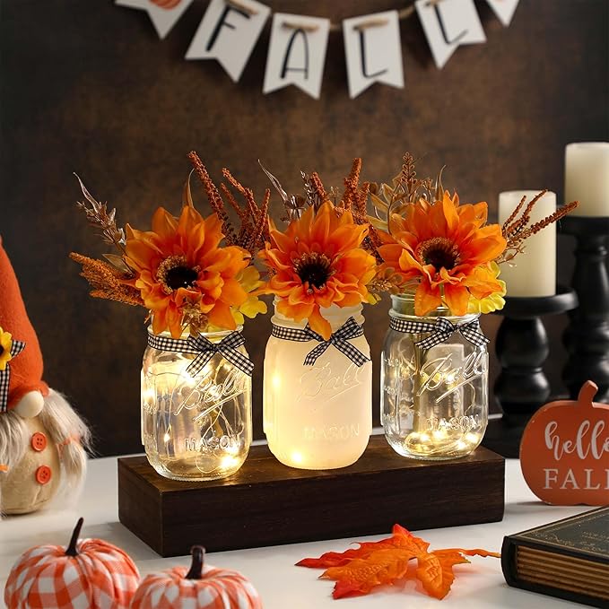Thanksgiving Mason Jar Centerpiece for Table with LED Lights & Artificial Flowers, Set of 3 Mason Jars Farmhouse Painted Decorative Jars for Fall Home Decor, Kitchen Table Centerpiece