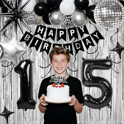15th Birthday Decorations for Boys Girls, Black Silver Happy Birthday Party Decorations， 15 Year Old Party Supplies with Number 15 Balloons, Banner, Fringe Curtains Kit