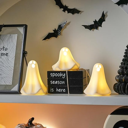 Ceramic Ghost Decor, 3Pcs Light Up Ghosts for Indoor Halloween Decorations, Battery Powered White Mini Ghost Figurines with LED for Spooky Halloween, Home Tabletop Shelf Centerpieces
