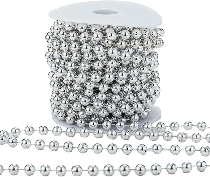 8mm Crafts Faux Pearl Beads Garland Pearl Bead Roll Strand of Pearls to Decorate Floral Centerpieces Wedding Party Favor Christmas Tree(33 Feet Silver)
