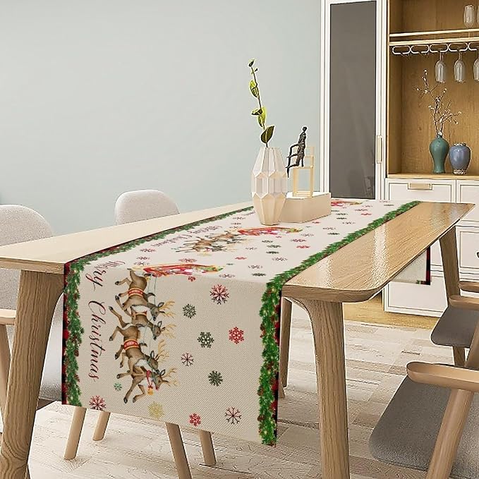 Christmas Table Runner,Xmas Deer Cute Santa Claus Red Plaid Pattern Printed Tablecloth Burlap for Hotel Indoors Outdoor Dining Room Kitchen Home Decor,W13X L60 in