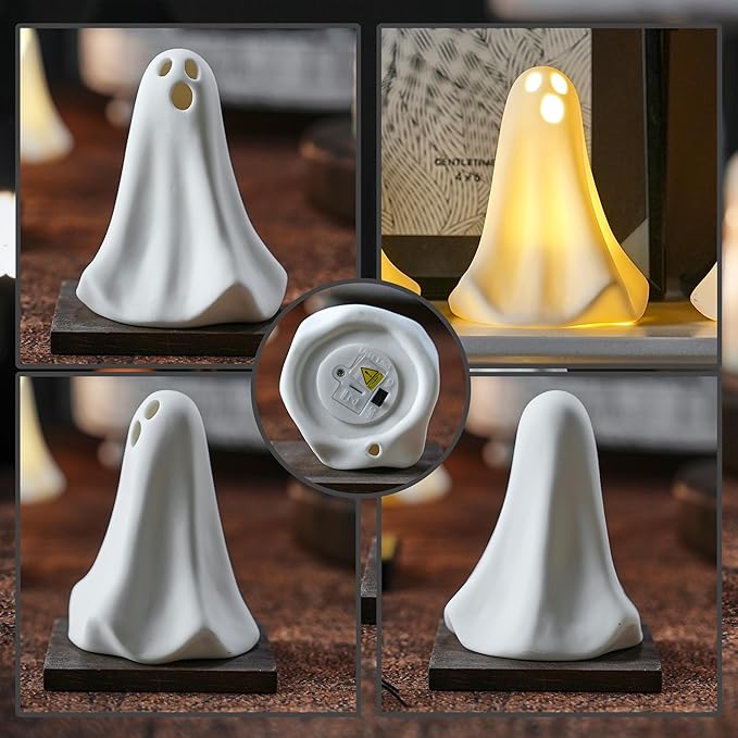 Ceramic Ghost Decor, 3Pcs Light Up Ghosts for Indoor Halloween Decorations, Battery Powered White Mini Ghost Figurines with LED for Spooky Halloween, Home Tabletop Shelf Centerpieces