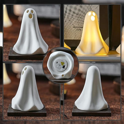 Ceramic Ghost Decor, 3Pcs Light Up Ghosts for Indoor Halloween Decorations, Battery Powered White Mini Ghost Figurines with LED for Spooky Halloween, Home Tabletop Shelf Centerpieces