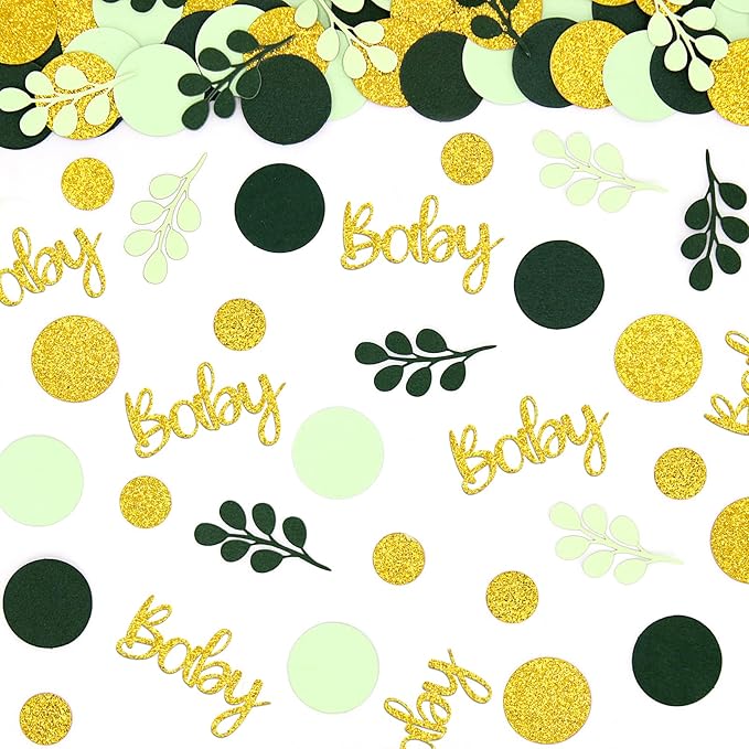 300PC Greenery Baby Shower Confetti for Gender Neutral Baby Shower Decorations Gold and Sage Green Circle Dots Table Confetti Scatter for Nature Girl Boy Birthday Gender Reveal Party Decor