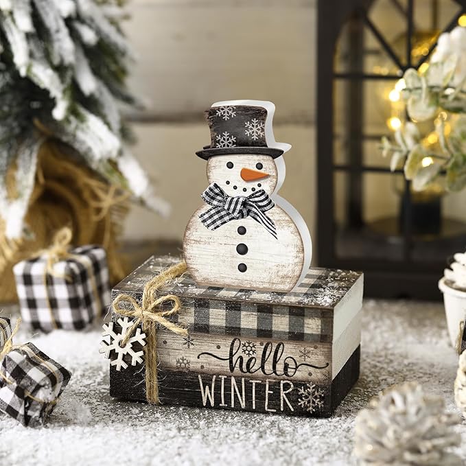 4 Pcs Snowman Christmas Decor Winter Table Decorations Christmas Tiered Tray Decor Winter Centerpiece Indoor Rustic Wooden Snowman Block Sign Gift Farmhouse for Home Kitchen Shelf