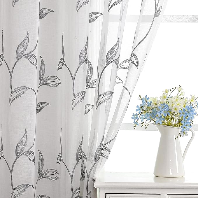 VISIONTEX Sheer Curtains 63 Inch Length 2 Panels, Decor Iron Grey Vine Leaves Embroidery on White Voile Pair, Accent Semi Window Drapes for Kitchen, Living Room and Bedroom, 54" W x 63" L