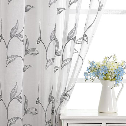 VISIONTEX Sheer Curtains 63 Inch Length 2 Panels, Decor Iron Grey Vine Leaves Embroidery on White Voile Pair, Accent Semi Window Drapes for Kitchen, Living Room and Bedroom, 54" W x 63" L