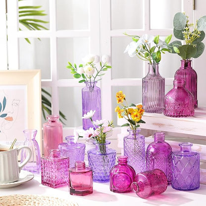 Yaomiao 30 Pcs Vases Bulk Colored Flower Glass Vases Bud Vintage Colored Glass Bottles Colorful Rustic Embossed for Home Wedding Table Decorations Gifts(Purple Series)