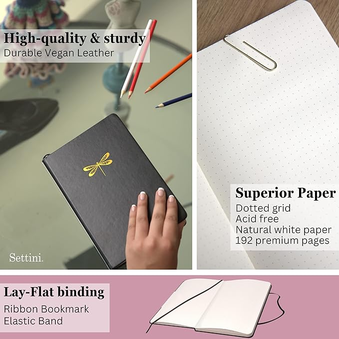 SETTINI Dotted Journal, Ideal for Bullet Journaling - A5 Vegan Leather Notebook, 192 Archival-Quality Pages, QuillEase Bleed-Free Paper, Inner Pocket & Bookmark - Dragonfly Gifts for Women & Men, Black Dragonfly