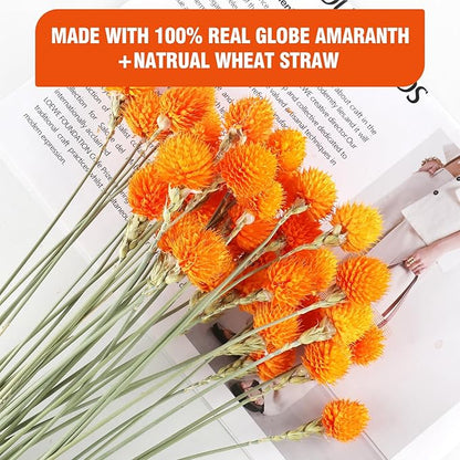 Dried Globe Amaranth Flower with Wheat Straw Natural - 40PCS Bouquet for Vase Home Decor Party DIY Arrangement (Orange)