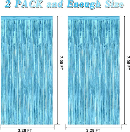 2 Pack Backdrop Curtains, 3.28 Feet x 7.05 Feet Sky Blue Tinsel Backdrop, Metallic Fringe Curtains Foil Tinsel Party Streamer, Winter Backdrop Happy Birthday Party Supplies