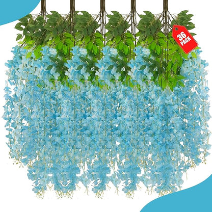 36 Pack Blue Wisteria Hanging Flowers, 3.44 Ft Fake Hanging Flowers, Artificial Wisteria Garland Vines for Wedding Room Backdrop Outdoor Patio Garden Decoration