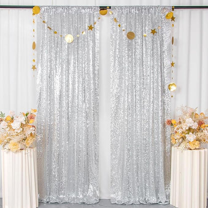 ShinyBeauty Sequin Curtains 4 Panels Silver Sequin Backdrop Photograph Backdrops Shimmer Background for Birthday Party New Year Decor Sparkle Fabric Gray Curtain (2FTx8FT)