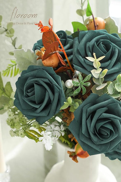 Floroom Artificial Flowers 25pcs Real Looking Peacock Green Foam Fake Roses with Stems for DIY Wedding Bouquets Bridal Shower Centerpieces Floral Arrangements Party Tables Home Decorations