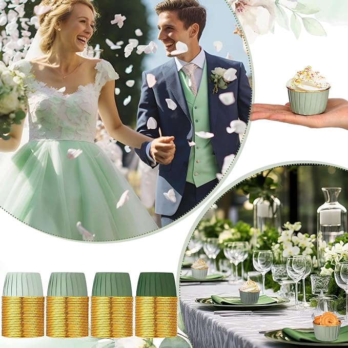 Geiserailie 100 Pcs Sage Green Cupcake Liners Gradient Green Cupcake Foil Wrappers Snack Bowls for Parties Wedding Bridal Shower Birthday Supplies