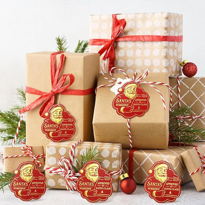 36 Pcs Christmas Gift Tag with String 3D Santa Gift Tag Gold Foil Present from Santa Claus Premium Gold Tags for Kids Christmas Party Decor(Vintage)