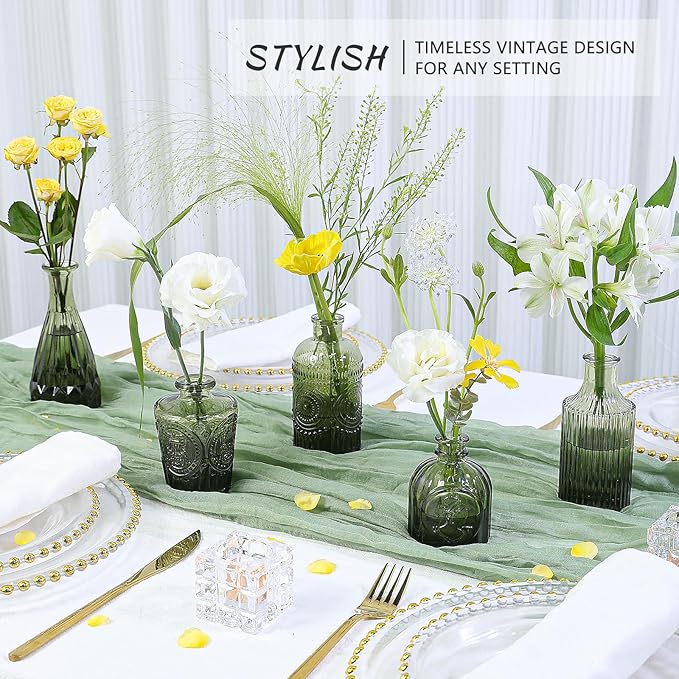 Glass Bud Vase Set of 5, Green Small Flower Vases for Centerpieces in Bulk, Mini Vintage Vase for Rustic Wedding, Home,Table Decoration