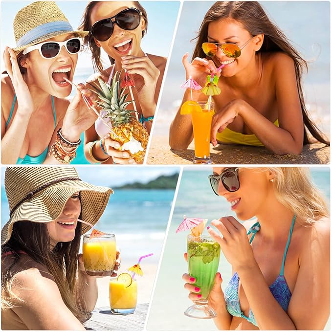 Paxcoo 100pcs Umbrella Straws - Hawaiian Luau Party Straws for Drinks Decorations (Assorted Colors)